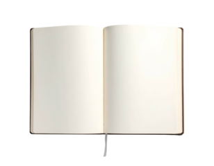 An open, empty notebook with blank, cream-colored pages, and a subtle, dark-brown cover