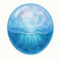 Watercolor illustration of floating bubble reflecting ocean, creating dreamy underwater fantasy. serene colors evoke sense of calm and wonder
