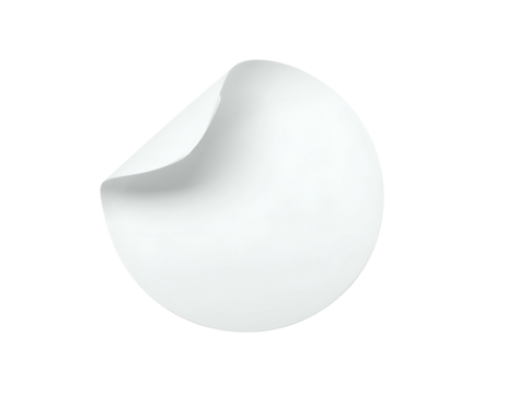 A white, round sticker with a curled-up corner, floating against a dark background
