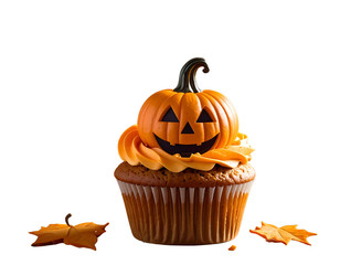 Halloween Pumpkin Cupcake- An inviting cupcake adorned with a smiling pumpkin, evokes