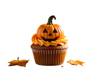 Halloween Pumpkin Cupcake- An inviting cupcake adorned with a smiling pumpkin, evokes