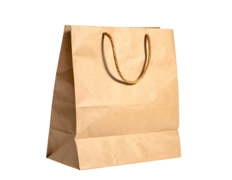 A standing, empty brown paper bag with rope handles, isolated on black background