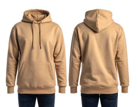 Tan, hooded sweatshirt mockup, front and back views, with strings and a front pocket