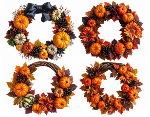 Halloween wreaths with pumpkins over isolated transparent background