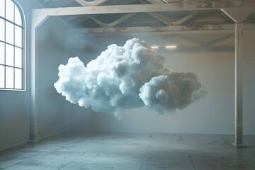Fluffy cloud floating in the middle of an empty industrial room with concrete floor, representing cloud computing, big data storage and database concept