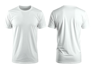 Front and back views of a plain white crew neck tee shirt against a transparent background