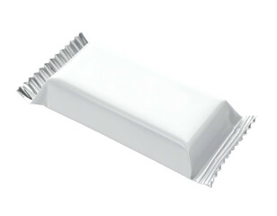 A diagonally-oriented, glossy white packaged bar, sealed on both ends, against a black backdrop