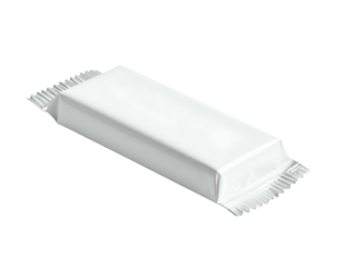 A white, rectangular wrapped treat resting against a solid black backdrop, suggesting an edible item