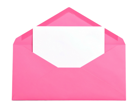 A bright pink envelope is open, revealing a blank white card against a black backdrop