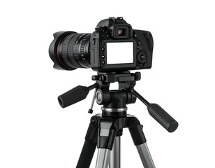 Professional digital camera mounted on a tripod against a solid black background