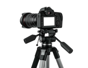Professional digital camera mounted on a tripod against a solid black background