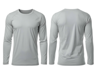 A frontal and rear view of a long-sleeve gray crew neck shirt, isolated against a black background
