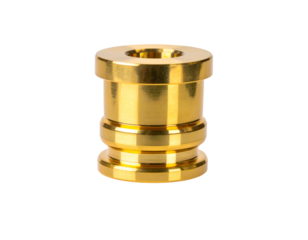 A polished gold-colored cylindrical object with a central hole, isolated on a black background