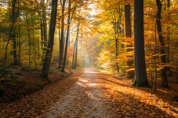 Obraz premium A picturesque forest path blanketed with colorful autumn leaves, illuminated by warm sunlight streaming through trees, creating a serene and tranquil natural setting.
