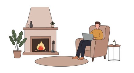 Fototapeta premium Man working on laptop in cozy armchair by fireplace.