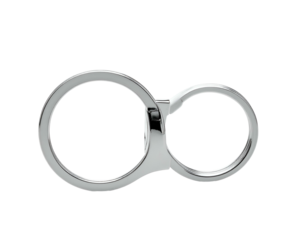 A shiny, metallic, circular object comprised of two interconnected rings set against a black background