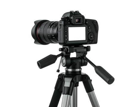 Professional digital camera mounted on a tripod against a solid black background