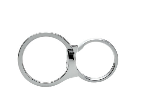A shiny, metallic, circular object comprised of two interconnected rings set against a black background