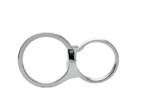A shiny, metallic, circular object comprised of two interconnected rings set against a black background
