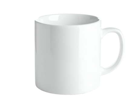 A plain white ceramic mug, empty, with a curved handle, isolated on a black background