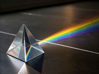 Clear prism refracting light into a vibrant rainbow spectrum on a dark reflective surface below it