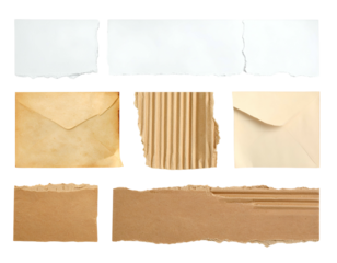 Collection of assorted paper scraps including torn edges, envelopes and corrugated cardboard