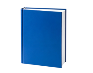 Isolated, hardbound book with a blue cover, standing upright against a black background