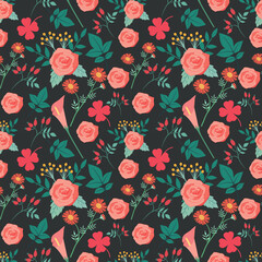 Seamless floral pattern vector design with rose, lily, cosmos flowers with pink lucky clover leaves. Pattern for fabric print, background, wallpaper, and wrap