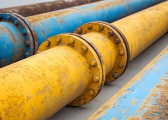 The pipes are painted yellow and blue, and the metal is heavily corroded