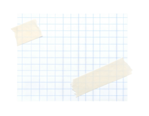 Square-lined paper secured by two beige tape pieces, against a solid black background