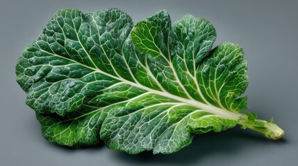 Fresh Green Collard Greens on a Gray Background close up
