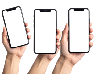 Three hands holding devices with blank screens against a transparent background