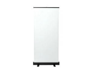 A vertical promotional display, white surface on a black base, against a black background