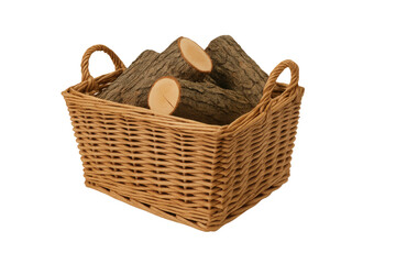 Obraz premium Wicker basket holding stacked logs on transparent background