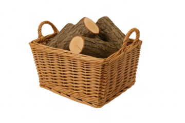 Wicker basket holding stacked logs on transparent background