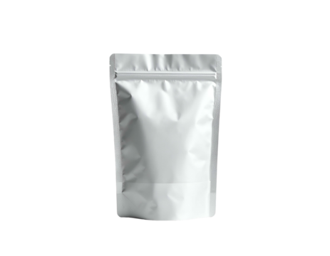 An isolated, vertically oriented foil pouch with a silver finish and zip-lock closure
