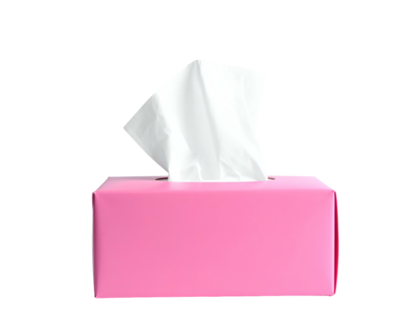 Pink rectangular tissue box on black, with a stack of white tissues emerging