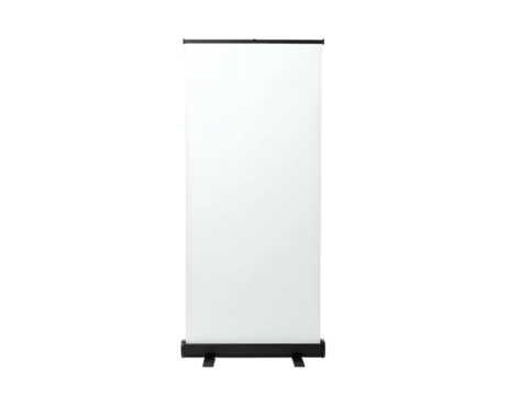 A vertical promotional display, white surface on a black base, against a black background