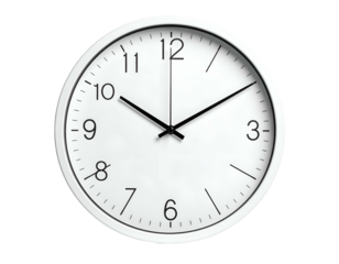 A circular, minimalist clock, white face with black numerals and hands against a black background