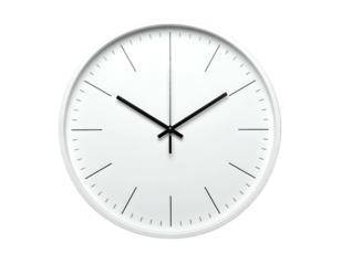 A round white clock with black hands and markers, displaying time against a dark background