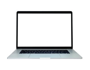 An open, silver laptop with a blank, white screen against a black background