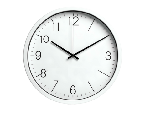 A circular, minimalist clock, white face with black numerals and hands against a black background