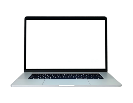An open, silver laptop with a blank, white screen against a black background