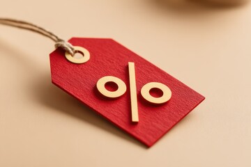 Red sale tag with golden percentage sign on a neutral background