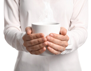Hands Holding Warm Mug with Steam on Ultra-Clean White Background