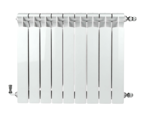 Glossy, white, vertical heating radiator with ribbed columns, isolated on black background