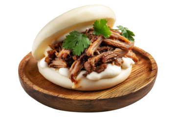 Polynesian steamed bao bun filled with shredded pork, creamy sauce, and cilantro leaves, isolated on white transparent background, concept of Polynesian Snacks Keke Pua street food