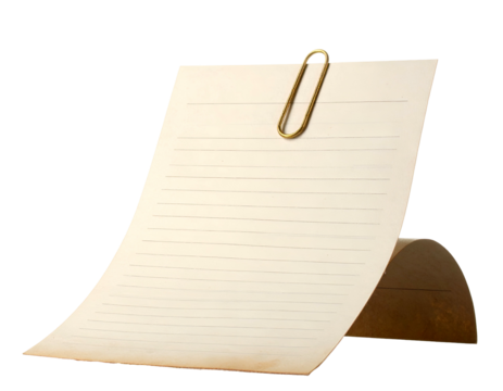 A lined paper sheet is held by a brass clip, creating a curved appearance against black