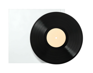 A vintage, round, black vinyl record with a neutral label next to its white sleeve