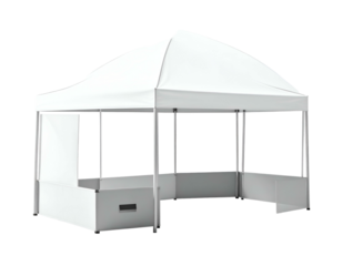Isolated, bright white pop-up shelter with an open front, ideal for outdoor events